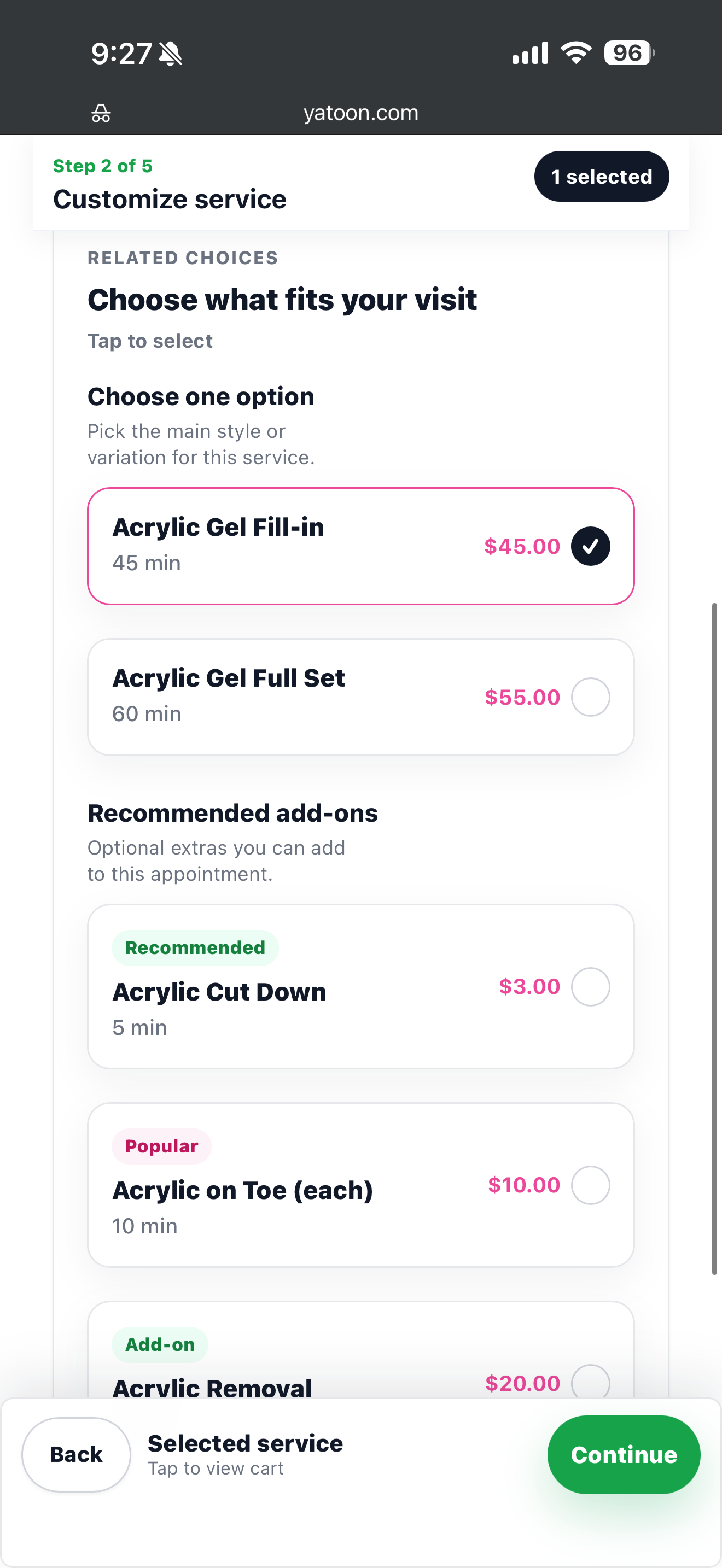 Yatoon mobile booking option selection screen