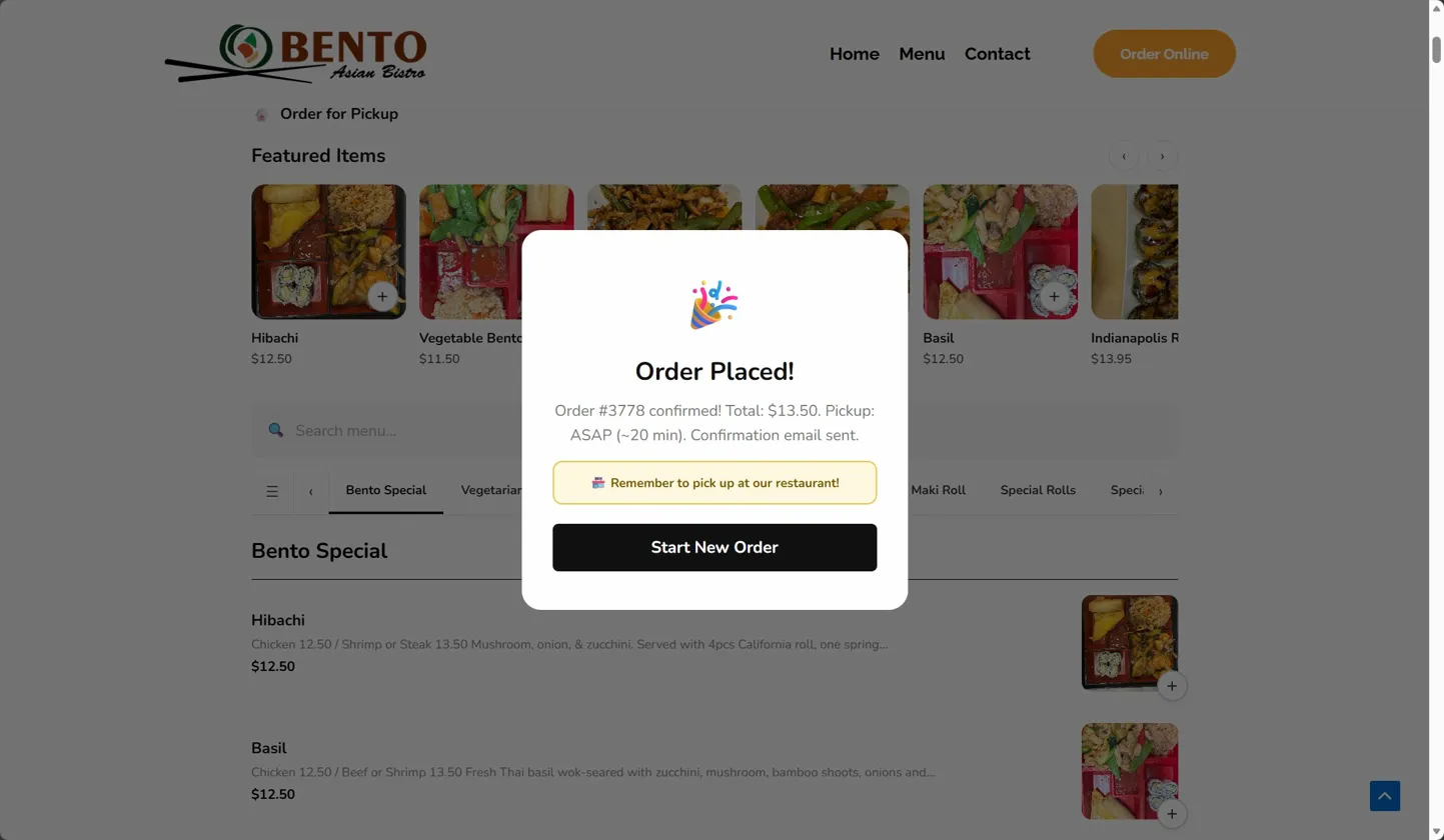 Order placed confirmation popup