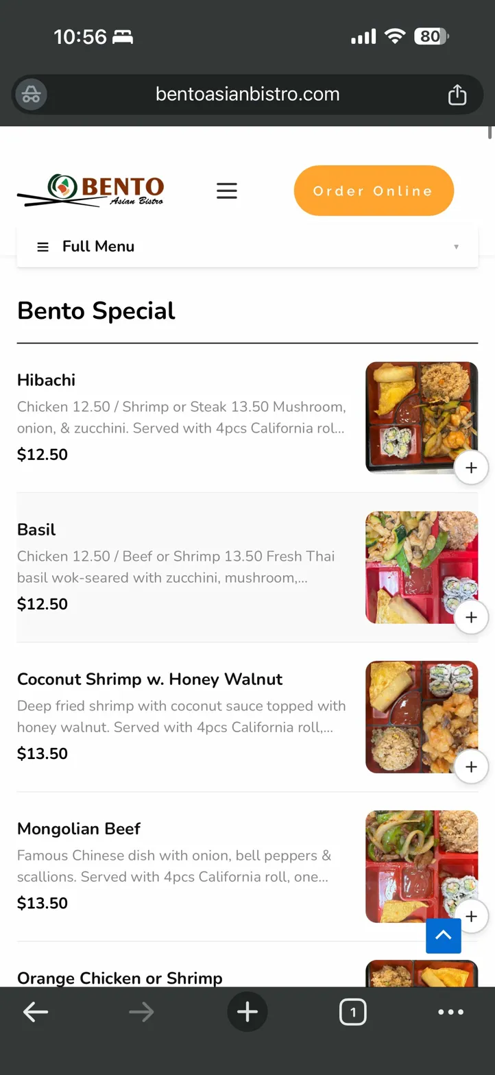 Mobile view of the menu