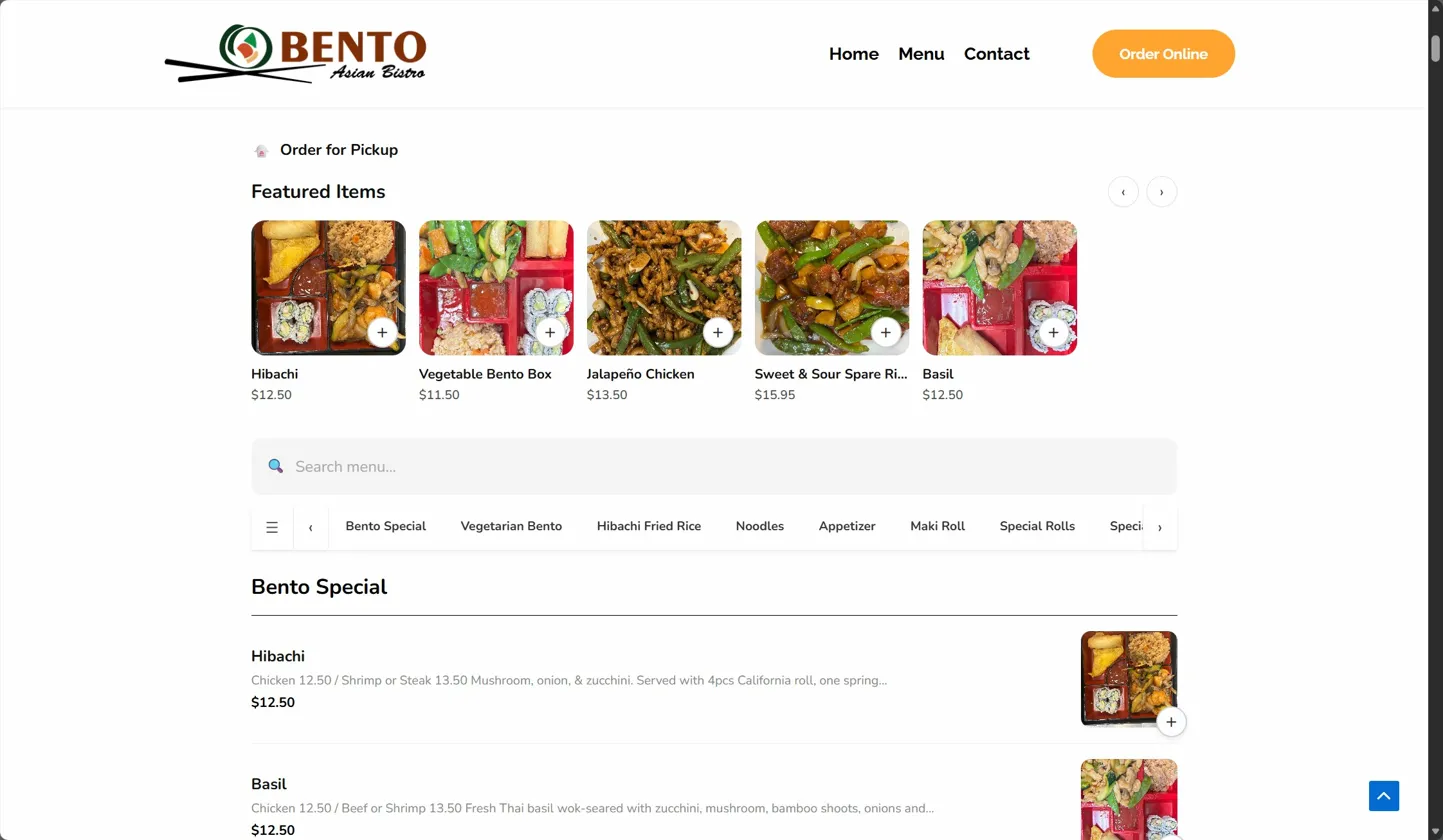 Yatoon Menu plugin — desktop view showing Bento Asian Bistro menu