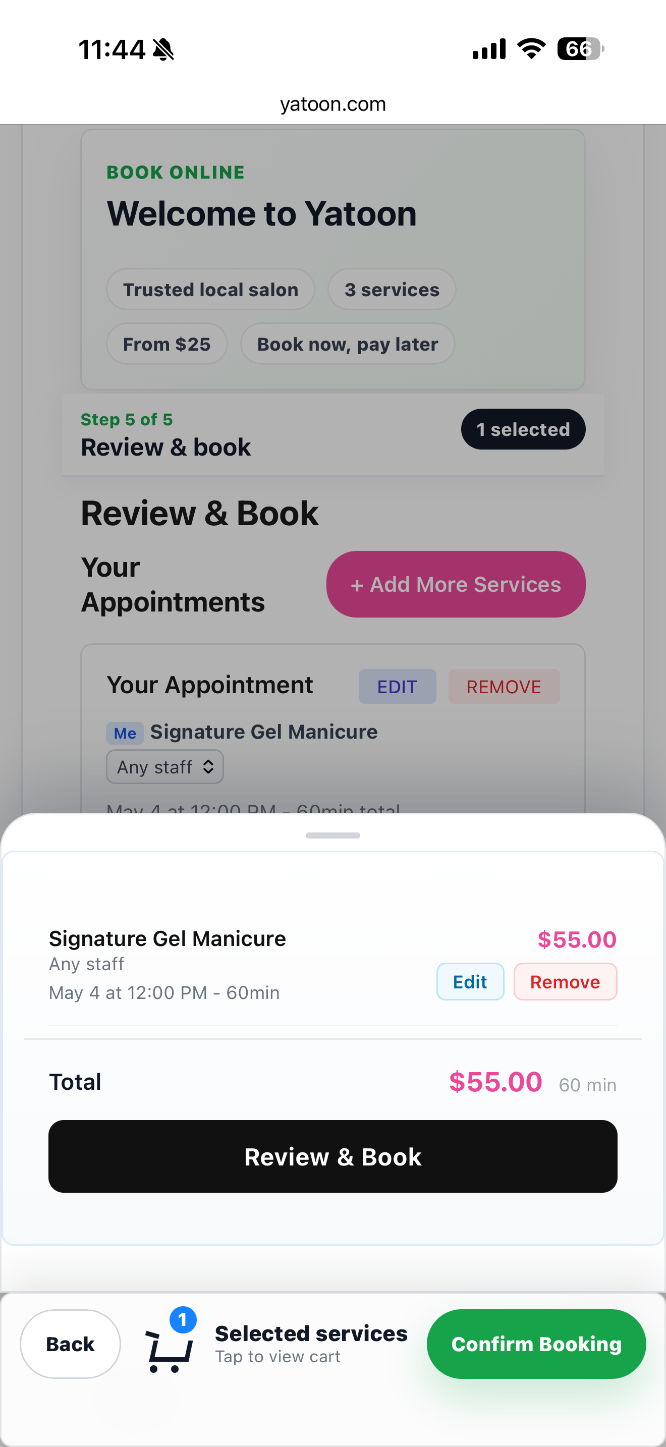Desktop booking service menu