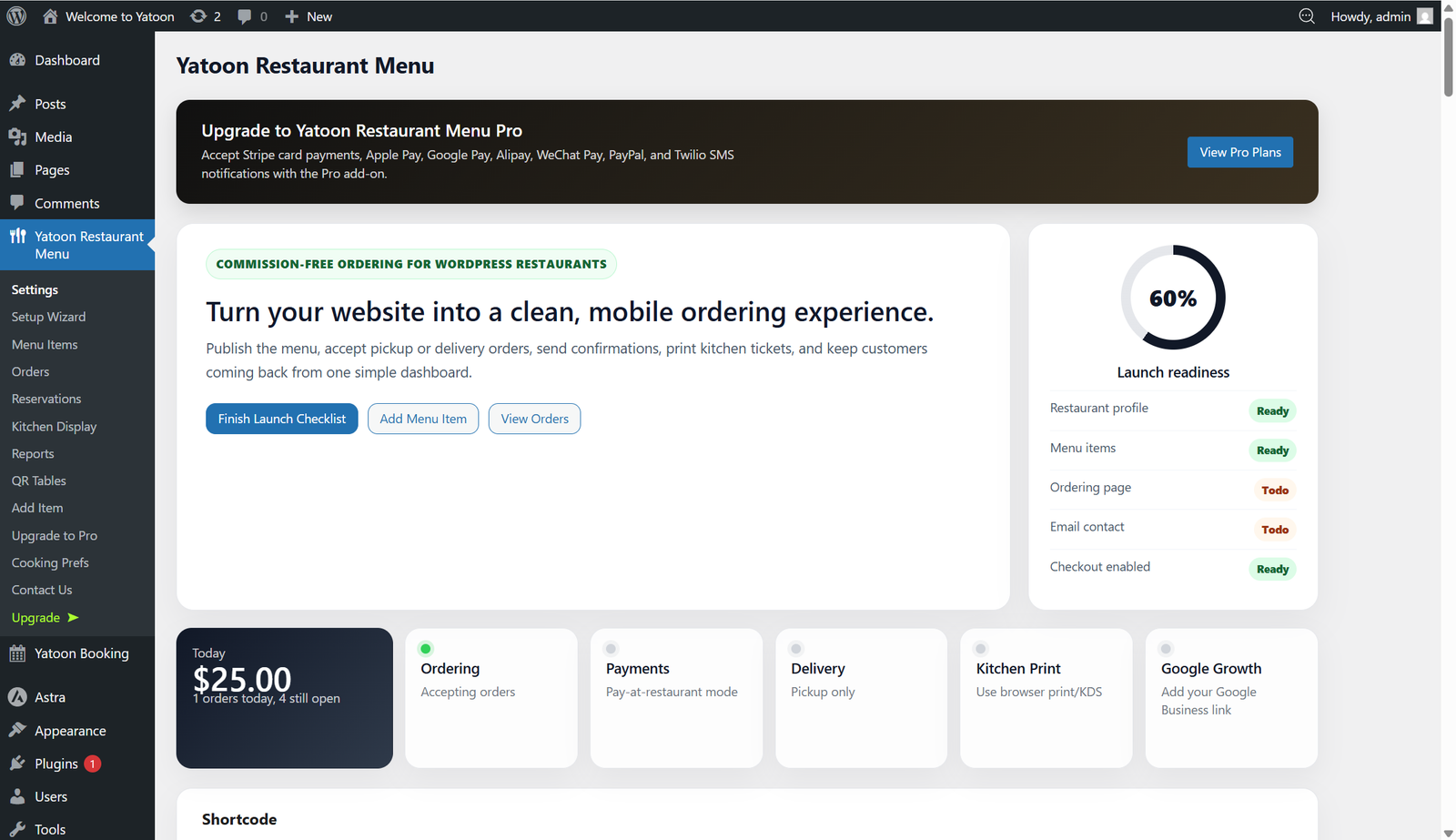 WordPress restaurant ordering admin dashboard