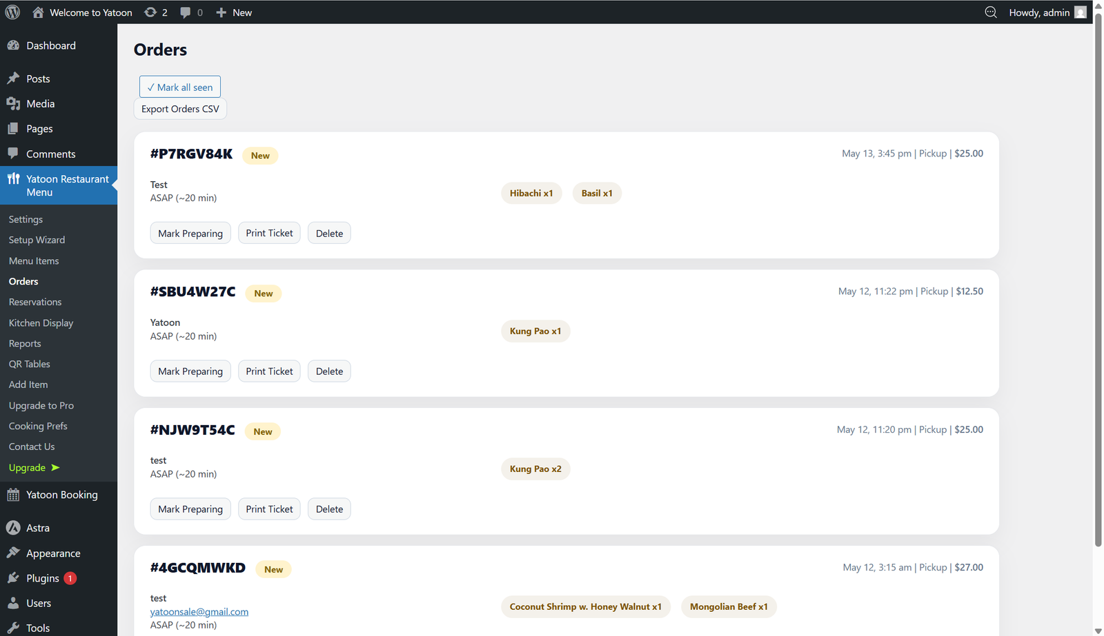 Restaurant order management screen