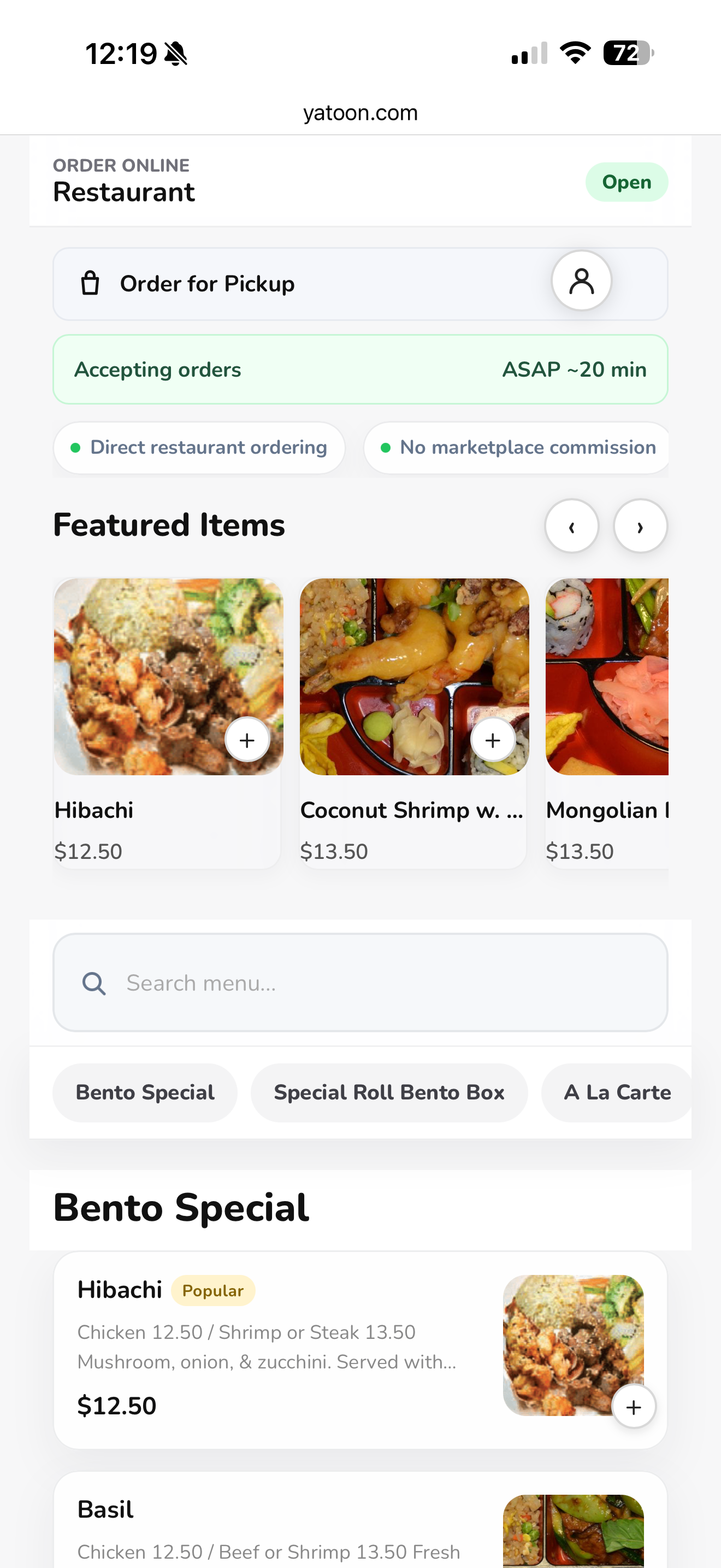 Mobile restaurant menu with featured items, search, and category tabs